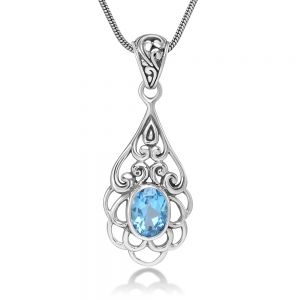 SUVANI Sterling Silver Open Filigree Flower Blue Topaz Gemstone Teardrop Pendant Necklace 18" Silver Chain