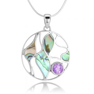 SUVANI Sterling Silver Amethyst Gemstone Green Abalone Shell Leaves Design Round Pendant Necklace 18"