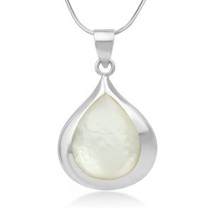 SUVANI 925 Sterling Silver White Mother of Pearl Shell Inlay Teardrop Pendant Necklace, 18" Chain