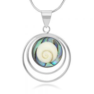 SUVANI Sterling Silver Shiva Eye Abalone Shell Inlay Triple Circle Round Pendant Necklace, 18" Chain