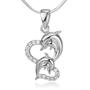SUVANI 925 Sterling Silver Cubic Zirconia CZ Twin Heart Mom and Baby Dolphin Fish Love Pendant Necklace 18"