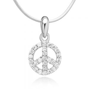 925 Sterling Silver Cubic Zirconia CZ Peace Sign Symbol Pendant Necklace, 18 inches