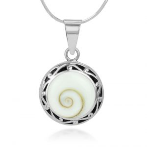 SUVANI Sterling Silver Filigree Edge Shiva Eye Shell Inlay Round Pendant Necklace, 18 Inches Chain