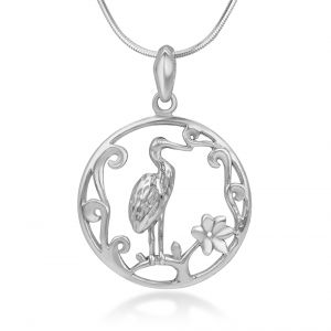 925 Sterling Silver Open Wild Heron Egret Bird in Nature Round Pendant Necklace, 18" Chain