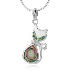SUVANI Sterling Silver Natural Abalone Shell Inlay Cat Kitty Kitten Ribbon Bow Pendant Necklace, 18" Chain