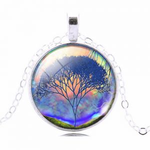 Multi-Colored Tree of Life Glass Cabochon Art Picture Round Pendant Necklace, 20 - 22 inches Chain