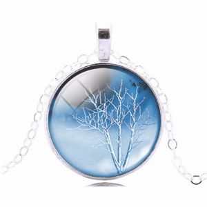 Winter Blue Tree of Life Snow Glass Cabochon Art Picture Round Pendant Necklace, 20 - 22" Chain