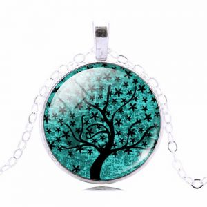 Greenish Blue Tree of Life Art Glass Cabochon Round Pendant Necklace, 20 - 22" Chain