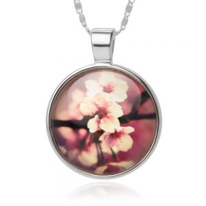 Pink Sakura Cherry Blossom Flower Glass Cabochon Art Picture Pendant Necklace, 18 inches
