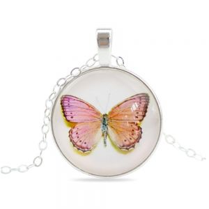Pink Butterfly White Glass Cabochon Art Vintage Pendant Necklace Adjustable Link Chain 20 - 22 in