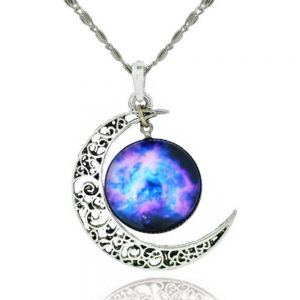 Crescent Moon Filigree Black Glass Cabochon Galaxy Universe Art Picture Pendant Necklace, 18" Chain