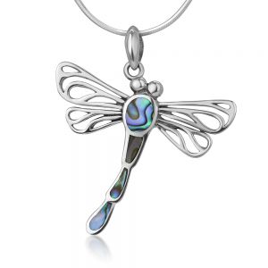 SUVANI 925 Sterling Silver Open Filigree Abalone Shell Flying Dragonfly Pendant Necklace, 18 inches Chain