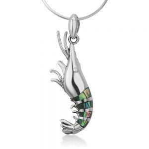SUVANI Sterling Silver Abalone Shell Inlaid Shrimp Prawn Lobster Pendant Necklace, 18 inches Chain