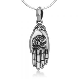 SUVANI Sterling Silver Buddha Hand Holding Blooming Lotus Flower Purity Symbol Pendant Necklace 18”