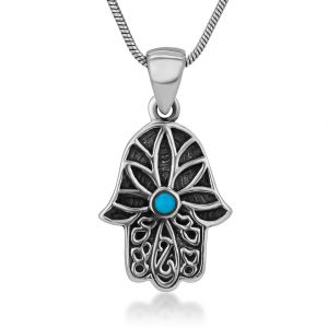 SUVANI 925 Oxidized Sterling Silver Hamsa Hand of Fatima Synthetic Turquoise Amulet Pendant Necklace, 18"