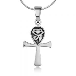 SUVANI Oxidized Sterling Silver Egyptian Cross Ankh Eye of Horus Protection Symbol Pendant Necklace, 18"
