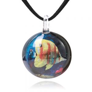 Hand Blown Glass Jewelry Butterflyfish Tropical Fish Round Pendant Necklace, 17-19 inches Leather Cord