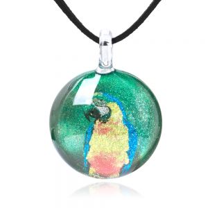 SUVANI Hand Blown Glass Jewelry Macaw Parrot Bird Green Cabochon Round Pendant Necklace 17”-19”