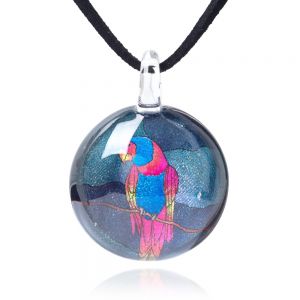 Hand Blown Glass Jewelry Macaw Parrot Bird Round Pendant Necklace, 17-19 inches Leather Cord
