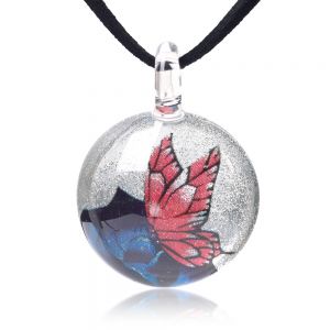 SUVANI Hand Blown Glass Jewelry Pink Butterfly Over Blue Rose Flower Round Pendant Necklace, 17-19 inches