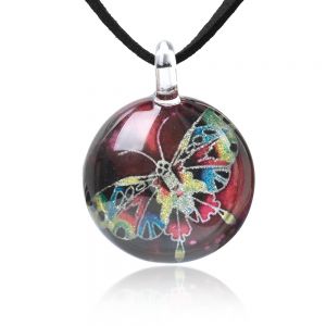 SUVANI Hand Blown Glass Jewelry Magical Butterfly Red Cabochon Round Pendant Necklace 17”-19”