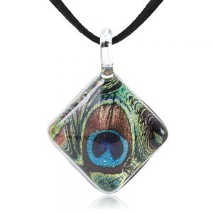 SUVANI Hand Blown Glass Jewelry Peacock Feather Square Pendant Necklace, 17-19 Inches Leather Cord