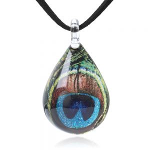 SUVANI Hand Blown Glass Jewelry Peacock Feather Teardrop Pendant Necklace, 17-19 Inches Leather Cord