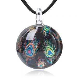 SUVANI Hand Blown Glass Jewelry Multi-Colored Peacock Feather Art Round Pendant Necklace, 17-19"