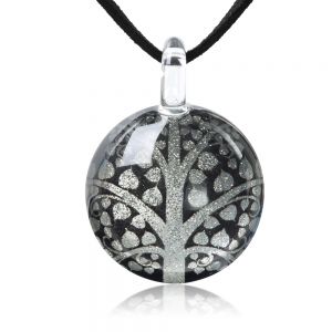 SUVANI Hand Blown Glass Bodhi Peepal Tree Black Grey Glittery Cabochon Pendant Necklace 17”-19”
