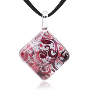 SUVANI Hand Blown Glass Jewelry Red Silver Grey Abstract Flower Art Square Pendant Necklace 17”-19”