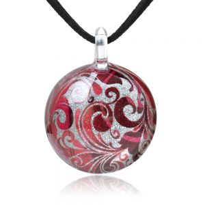 SUVANI Hand Blown Glass Jewelry Red & Silver Abstract Flower Art Round Pendant Necklace, 17-19"