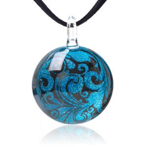 SUVANI Hand Blown Glass Jewelry Turquoise Blue & Black Abstract Flower Art Round Pendant Necklace, 17-19"