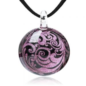 SUVANI Hand Blown Glass Jewelry Abstract Leaves Art Design Cabochon Round Pendant Necklace 17”-19”