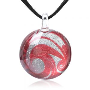 SUVANI Hand Blown Glass Jewelry Sea Wave Red & Silver Glitter Round Pendant Necklace, 17-19"