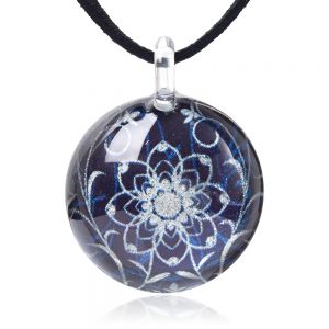 SUVANI Hand Blown Glass Jewelry Blooming Flower Blue Glitter Cabochon Round Pendant Necklace 17”-19”