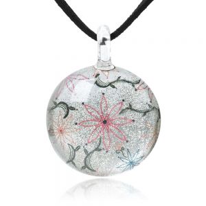 SUVANI Hand Blown Glass Jewelry Mandala Flower on White Glitter Round Pendant Necklace, 17-19 inches
