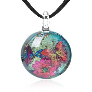 SUVANI Hand Blown Glass Jewelry Magical Butterflies and Flower Retro Round Pendant Necklace 17”-19”