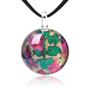 SUVANI Hand Blown Glass Jewelry Magical Butterflies and Flower Retro Round Pendant Necklace 17”-19”