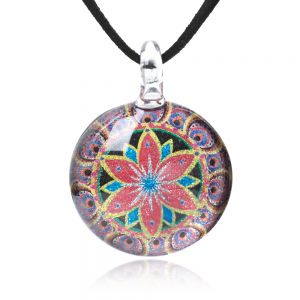 SUVANI Hand Blown Glass Jewelry Multi-Colored Mandala Flower Round Pendant Necklace, 17-19 inches