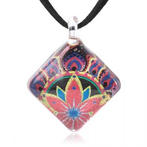 SUVANI Hand Blown Glass Jewelry Multi-Colored Flower Art Design Square Pendant Necklace, 17-19"