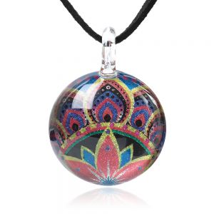 SUVANI Hand Blown Glass Jewelry Multi-Colored Flower Art Design Round Pendant Necklace, 17-19"
