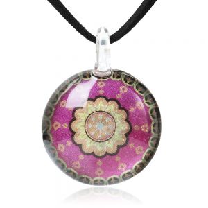 SUVANI Hand Blown Glass Jewelry Fuschia Pink Mandala Art Symbol Pendant Necklace, 17-19 inches