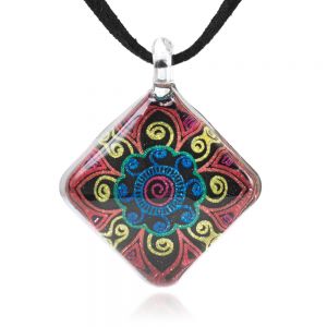 SUVANI Hand Blown Glass Jewelry Multi-Colored Mandala Flower Square Pendant Necklace, 17-19 inches