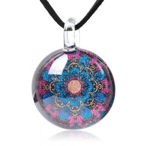 SUVANI Hand Blown Glass Jewelry Mandala Art Design Round Pendant Necklace 17”-19”