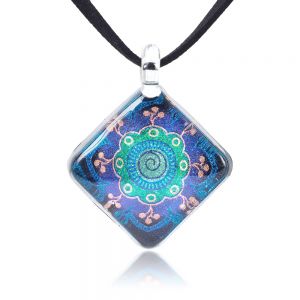 SUVANI Hand Blown Glass Jewelry Mandala Art Design Square Pendant Necklace 17”-19” 