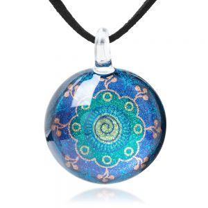 SUVANI Hand Blown Glass Jewelry Magic Mandala Symbol Round Pendant Necklace, 17-19 inches