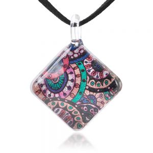 SUVANI Hand Blown Glass Jewelry Multi-Colored Mandala Art Square Pendant Necklace, 17-19 inches