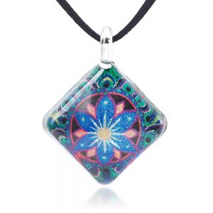SUVANI Hand Blown Glass Jewelry Mandala Art Design Square Pendant Necklace 17”-19”