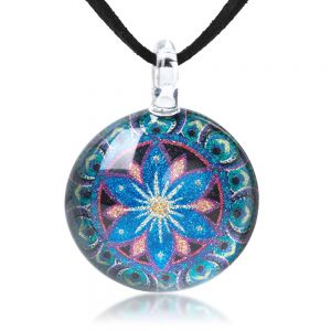 SUVANI Hand Blown Glass Jewelry Mandala Art Design Round Pendant Necklace 17”-19”