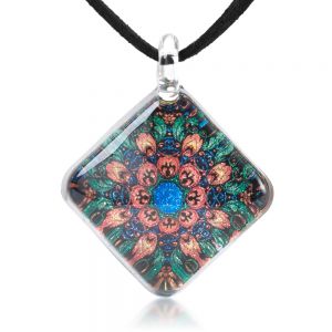 SUVANI Hand Blown Glass Jewelry Mandala Art Design Square Pendant Necklace 17”-19”